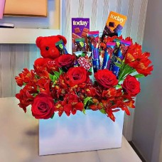 Flower Box with Red Teddy & Chocolate Bars 