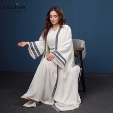 Elegant Ivory Abaya with Colorful Embroidered Trim