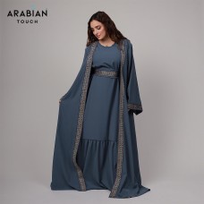 3-Piece Embroidered Abaya Set – Slate Blue