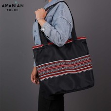 Black Sadu-Pattern Beach Bag with Inner Pocket
