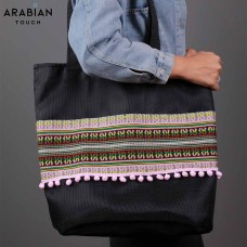 Black Sadu-Pattern Beach Bag with Inner Pocket