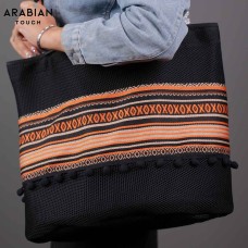 Black Sadu-Pattern Beach Bag with Inner Pocket