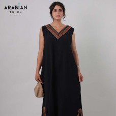 Sleeveless Black Dress with Orange Sadu Trim – Japanese CY Fabric