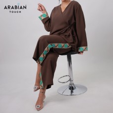 Brown Two-Piece Set with Vibrant Indain Embroidery