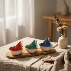 porcelain bowl set with a wooden base