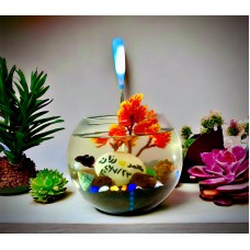 Fighter fish + tank + decorative plant and stones + a shell with a phrase of your choice written on it