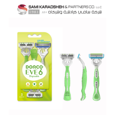 Dorco EVE 6 Disposable Razor for Women 6 Blades Pivoting Head, 3 Rubber Handles on a Card