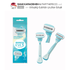 Dorco Eve 5 Razor for Women, 5 Blades Pivoting Wide Head, 1 Rubber Handle in a Blue Pouch