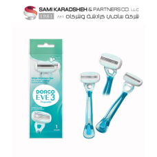 Dorco Eve 3 Razor for Women, 3 Blades Pivoting Wide Head, 1 Rubber Handle in a Blue Pouch