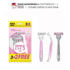 Dorco Eve 3 Disposable Razors for Women, 3 Blades Pivoting Head, 3+2 Rubber Handles in a Pouch