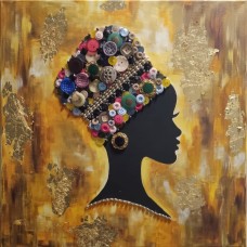 African Woman Canvas Wall Art with Button Headpiece, Acrylic Paint & Gold Leaf Background African Woman Canvas Wall Art with Button Headpiece, Acrylic Paint & Gold Leaf Background