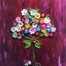 Luxury Canvas Wall Art of a Rose Tree with Handmade Crochet Flowers & White Pearl Details Luxury Canvas Wall Art of a Rose Tree with Handmade Crochet Flowers & White Pearl Details